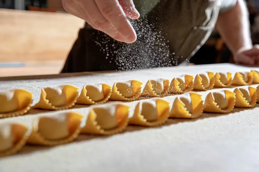 Hand sprinkles flour over rows of fresh, uncooked pasta.