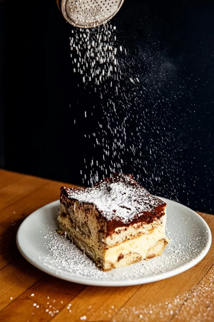 Layered dessert slice on plate, powdered sugar actively sifting.