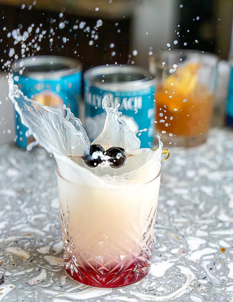 Vibrant gradient cocktail with cherries splashing from a cut-glass tumbler.