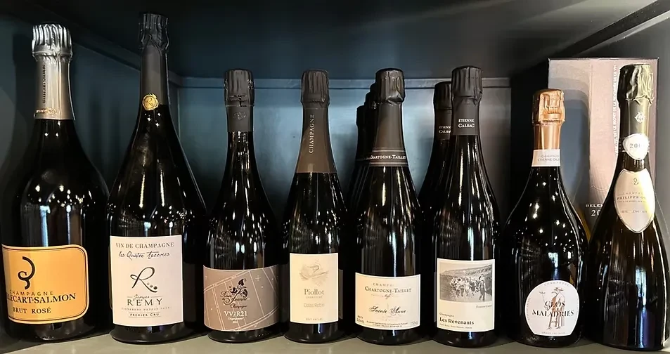 Row of nine sparkling wine bottles with diverse labels on a dark shelf.