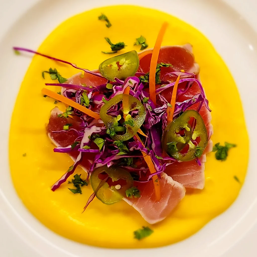 Elegant dish: seared fish slices, yellow sauce, and colorful vegetable garnishes.