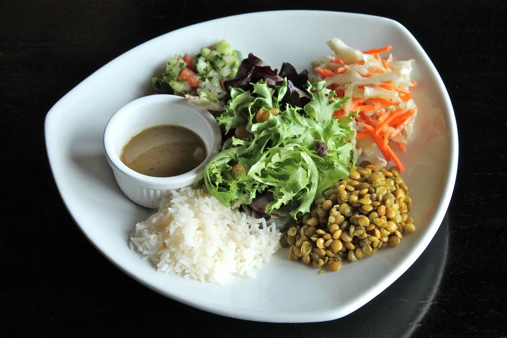 Well-arranged white plate with rice, lentils, multiple salads, and dressing.