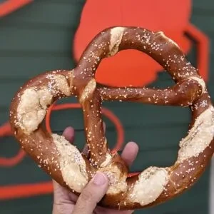 A hand holds a large, golden-brown, lightly salted pretzel.