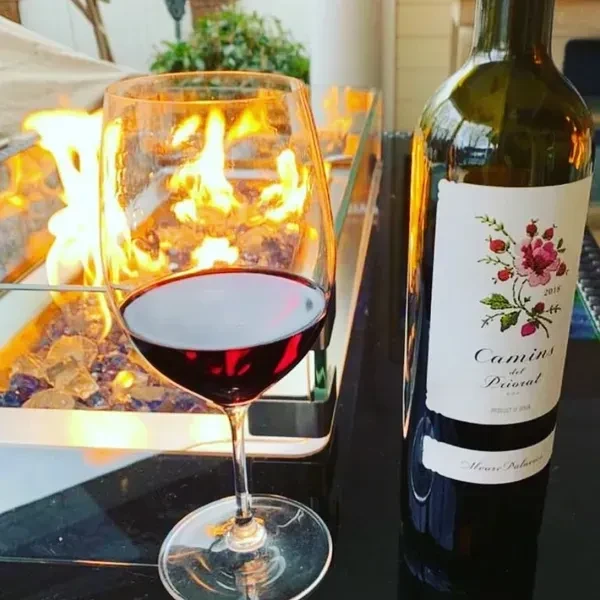 Red wine glass, Camins del Priorat bottle, and glowing fire pit.