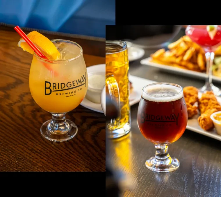 Bridgeway Brewing Co. drinks, chicken tenders, and fries.