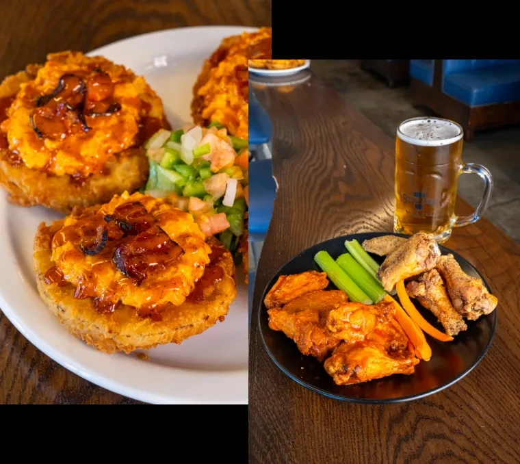 Vertical split of fried items with sauce and chicken wings with beer.