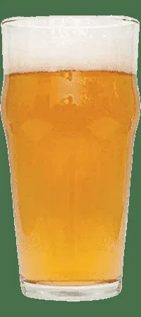 Pint glass of amber beer with white foam, dark green background.