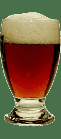 A glass of dark amber beer with foam on a dark green background.