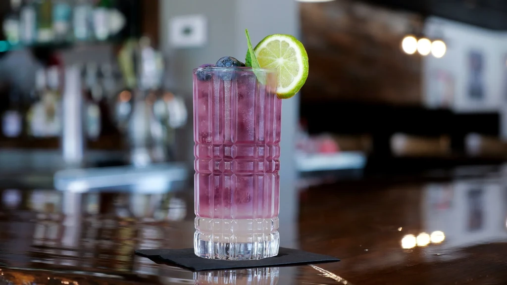 Tall purple cocktail in ridged glass with lime, mint, and blueberries.