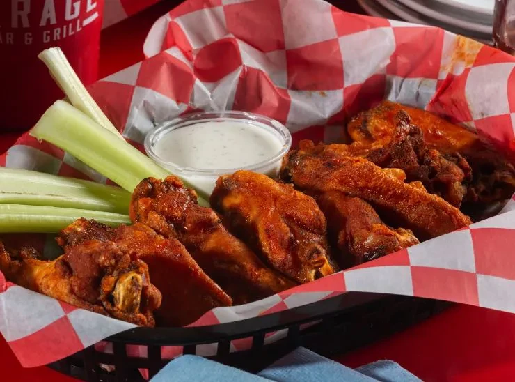Buffalo chicken wings, celery sticks, and dip from Rage Bar & Grill.