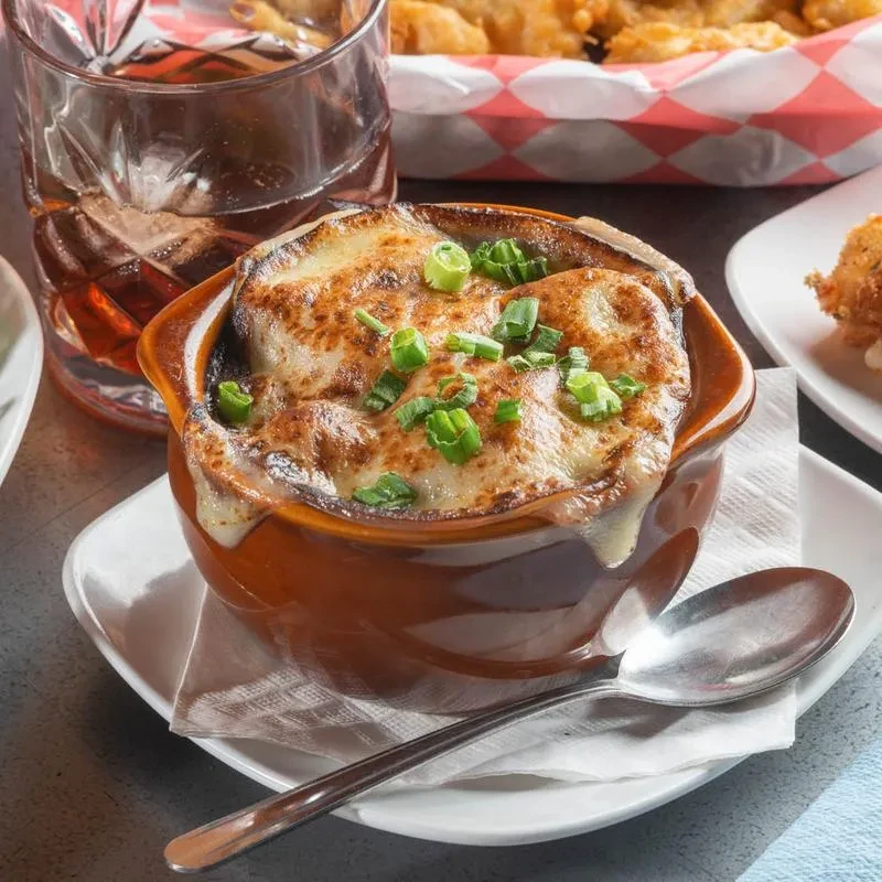 Steaming French onion soup with bubbling melted cheese and green onions.