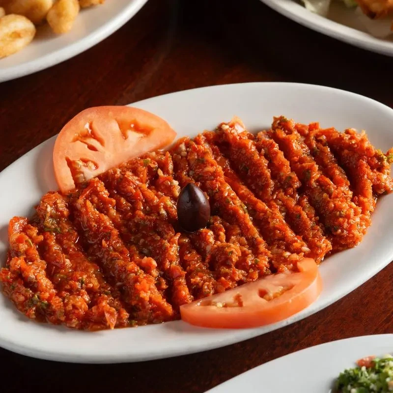 Artfully arranged red mezze with tomato slices and black olive.