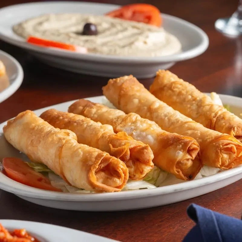 Crispy fried rolls, hummus, and a red dip on a wooden table.