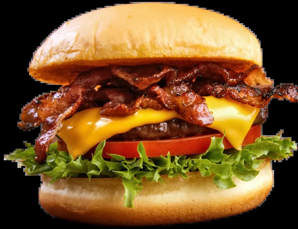 Bacon cheeseburger layered with lettuce, tomato, beef, cheese, and bacon.