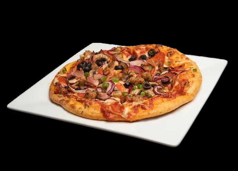 Combination pizza with pepperoni, sausage, mushrooms, olives, and peppers.