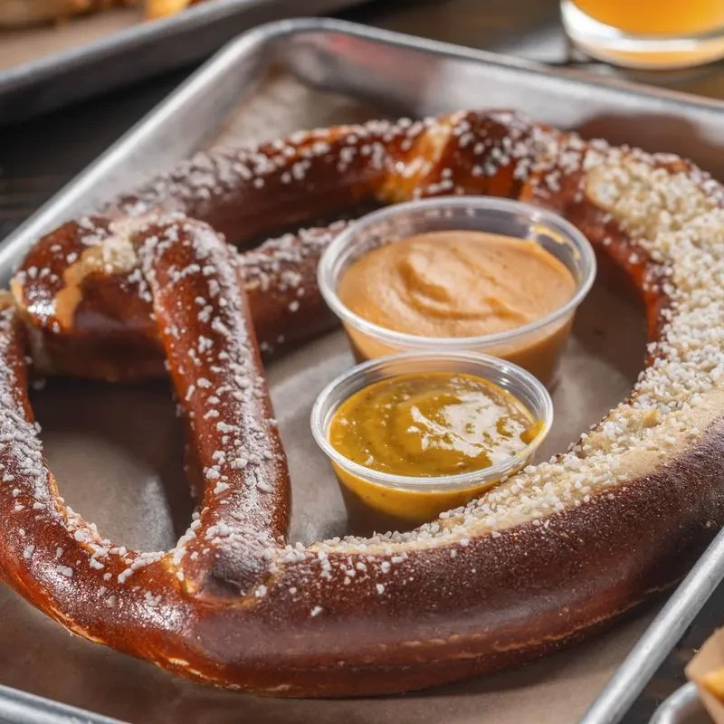Salted pretzel with two dipping sauces on a metal tray.