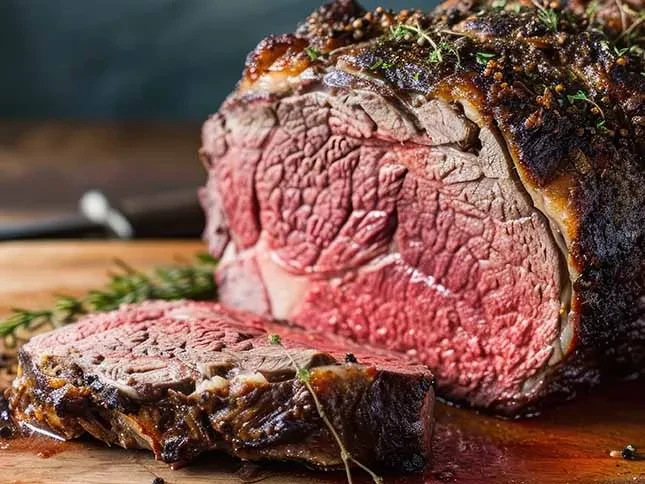 Sliced roasted meat, medium-rare, with herbs on a wooden cutting board.