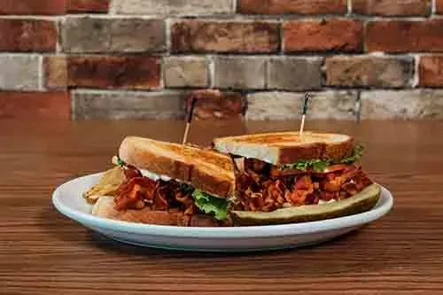 Half-cut, toasted pulled meat sandwich with fries and pickle.