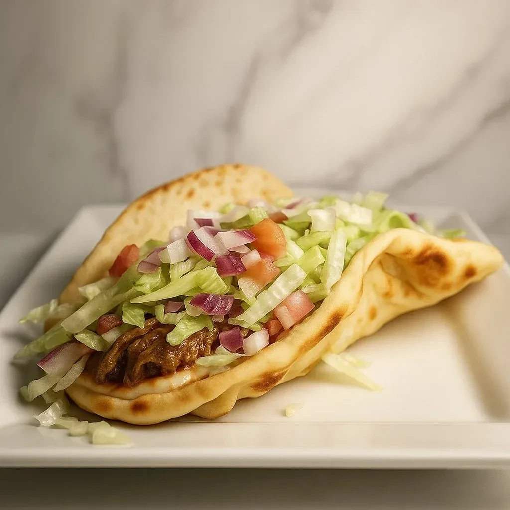 Flatbread taco with shredded meat, lettuce, tomatoes, and onions on a plate.