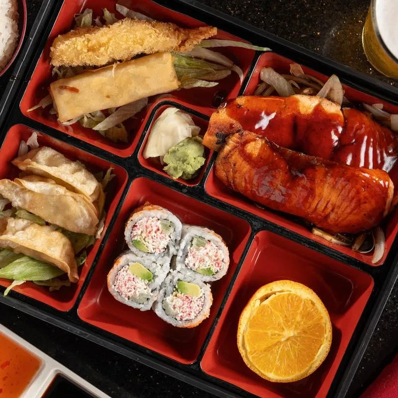 Overhead bento box with tempura, salmon, gyoza, sushi, and rice.