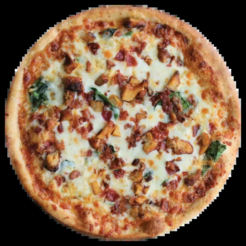 Overhead view of a pizza with chicken, bacon, spinach, and melted cheese.
