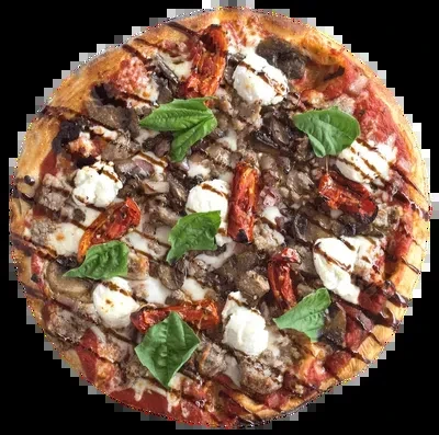 Golden pizza with sausage, mushrooms, tomatoes, cheese, basil, balsamic glaze.