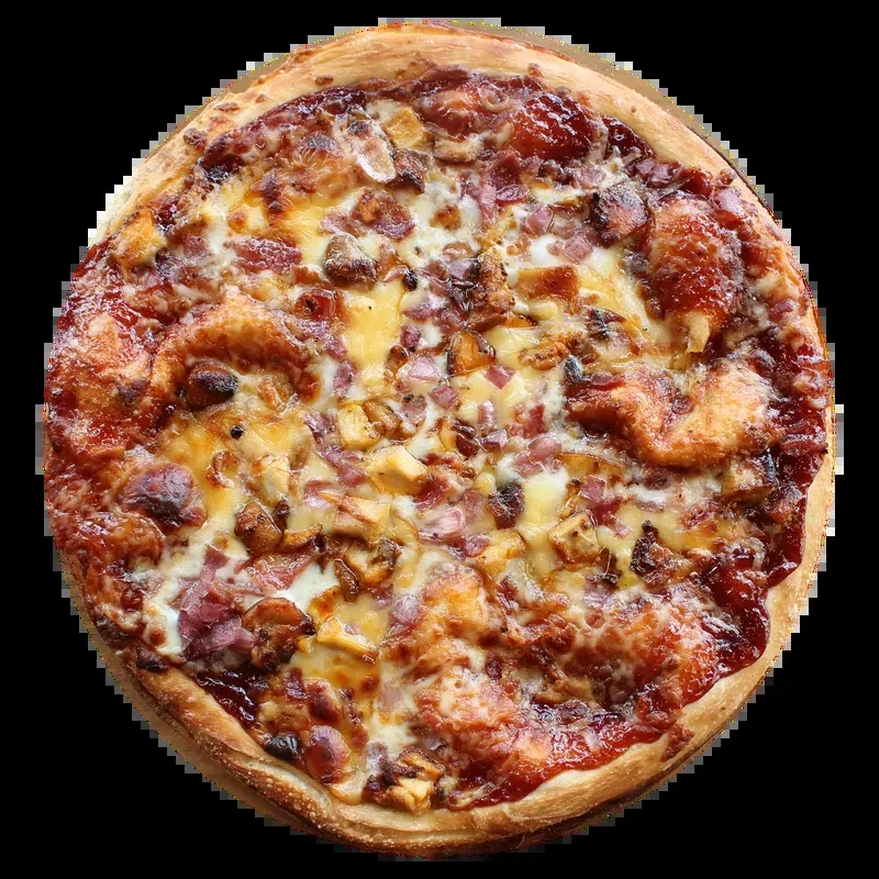 Circular pizza with chicken, melted cheese, red bits, and sauce on black.