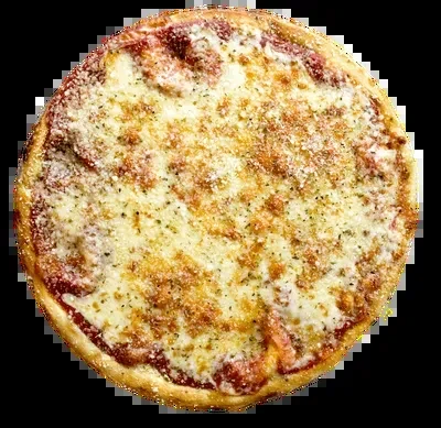 Classic cheese pizza with bubbly cheese, tomato sauce, and green herbs.