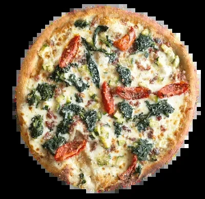 Whole pizza with white sauce, spinach, sun-dried tomatoes, and sausage.
