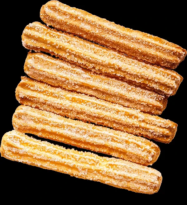 Six golden-brown, sugar-coated churros stacked on a black background.