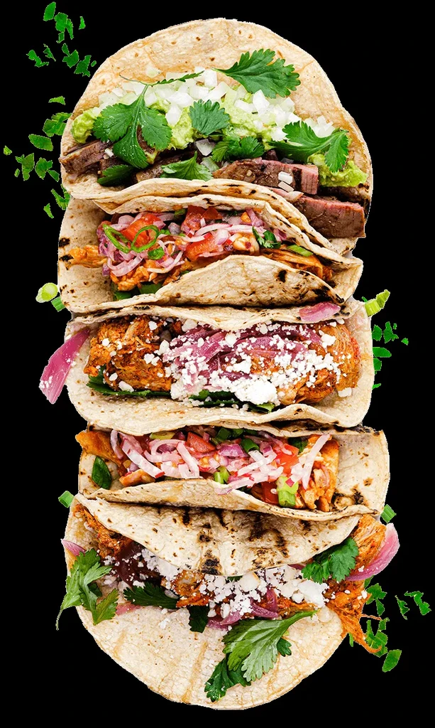 Five distinct tacos vertically stacked with various fillings and toppings.
