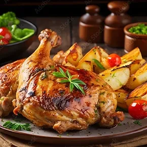 Roasted chicken, potato wedges, and cherry tomatoes on a rustic plate.