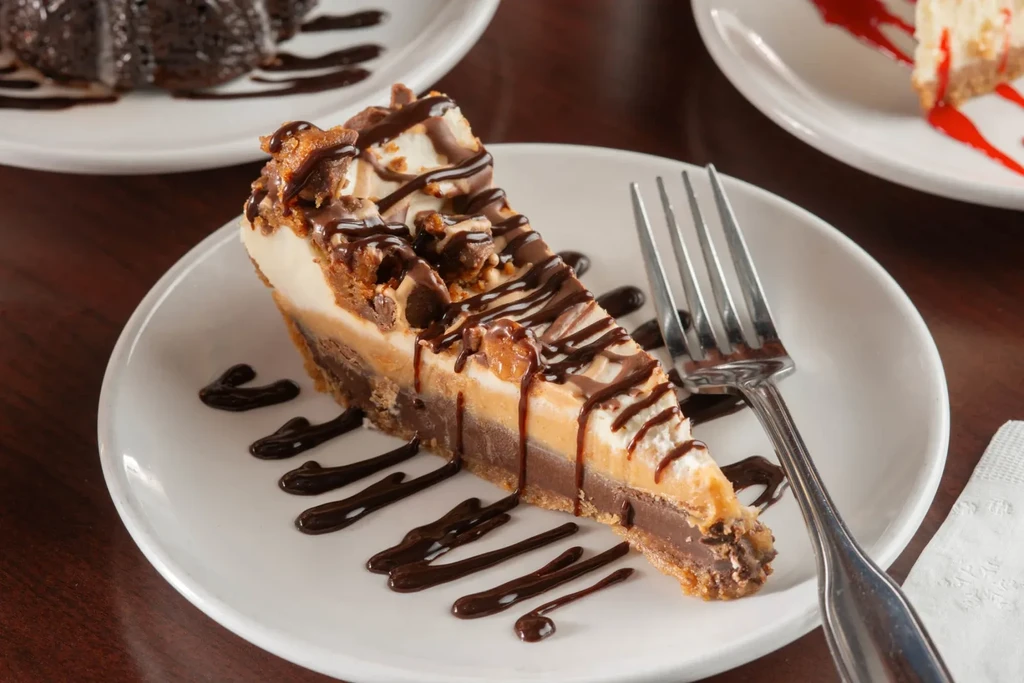 Chocolate-drizzled multi-layered dessert slice with chunky topping and a fork.