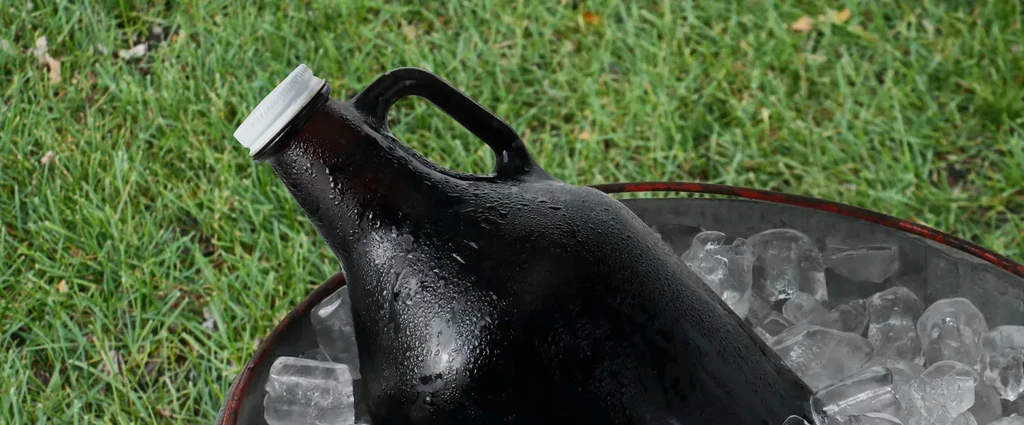 Dark brown growler, covered in condensation, in ice on grass.