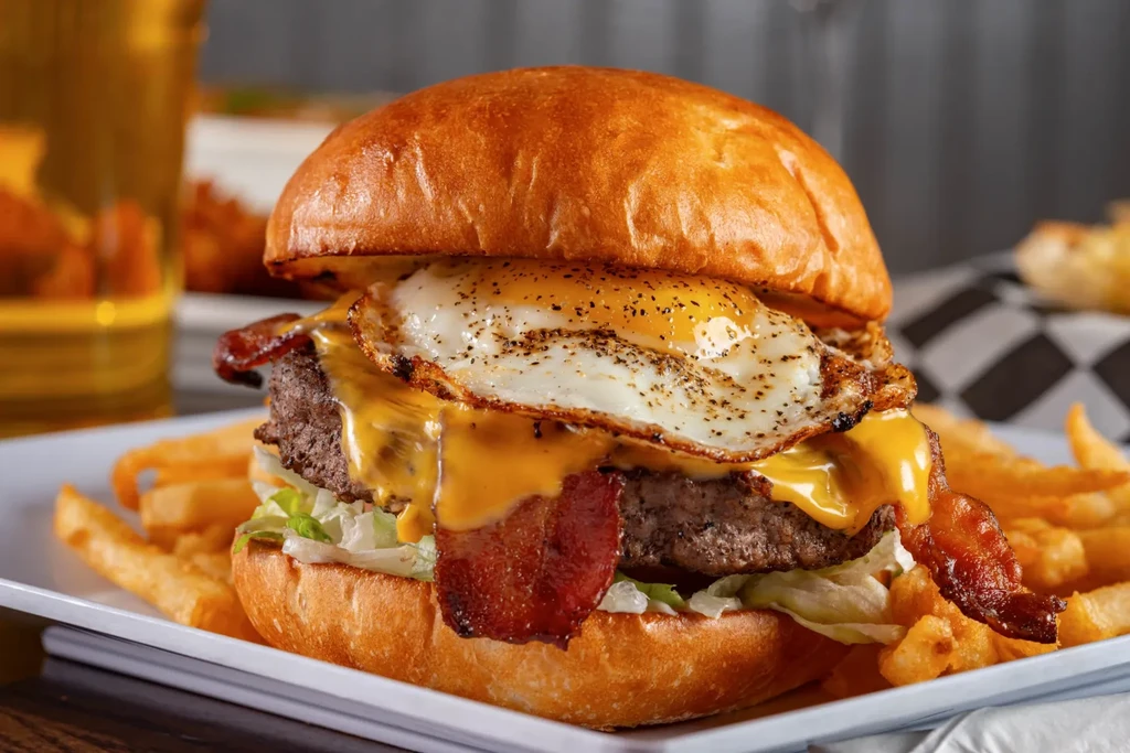 Gourmet burger with sunny-side-up egg, bacon, cheese, fries on plate.