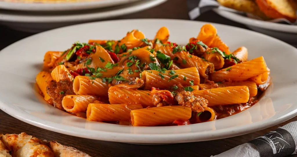 Close-up of rigatoni pasta with meat, mushrooms, sauce, and parsley.