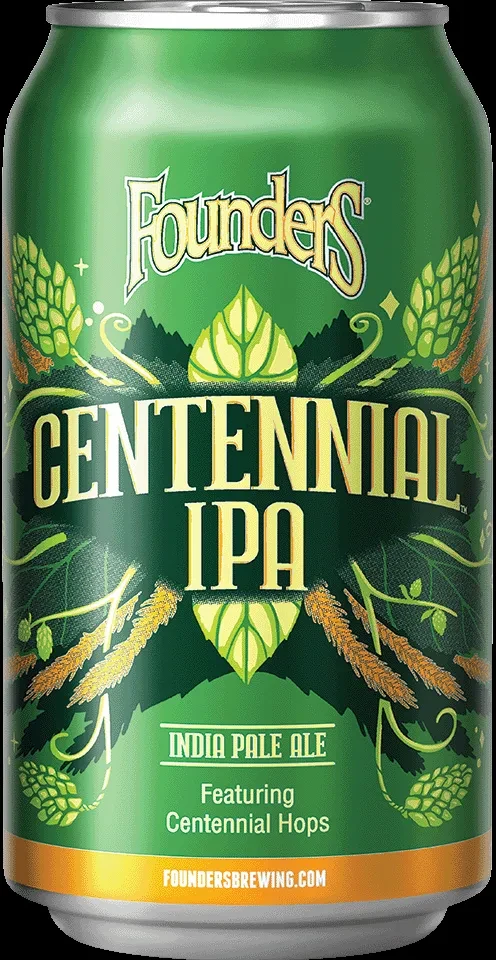 Upright Founders Centennial IPA beer can, green with yellow text.