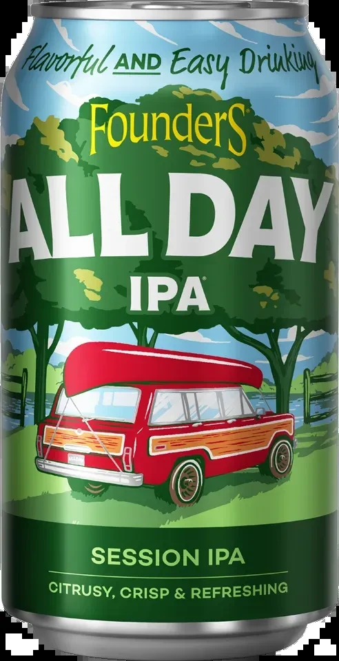 Founders ALL DAY IPA beer can with vintage car and canoe.