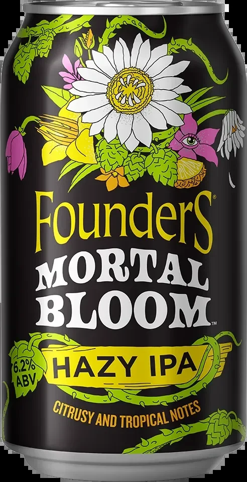 Founders Mortal Bloom Hazy IPA can, black label with colorful botanicals.