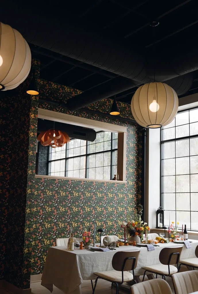 Interior dining space with floral tables, dark green wallpaper, pendant lights.
