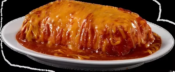 Oblong dish smothered in chili sauce and melted cheddar, with noodles.