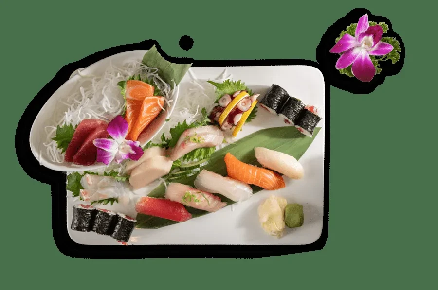 Artfully arranged platter of sushi, sashimi, and octopus salad with orchids.