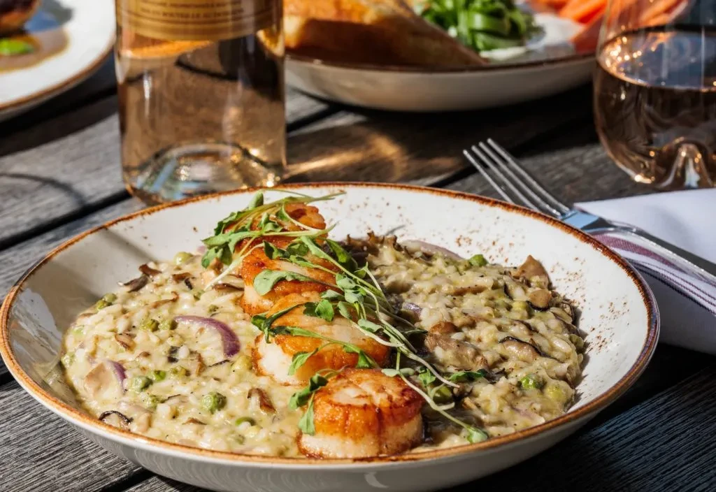 Close-up of creamy risotto with seared scallops, microgreens, and red onion.