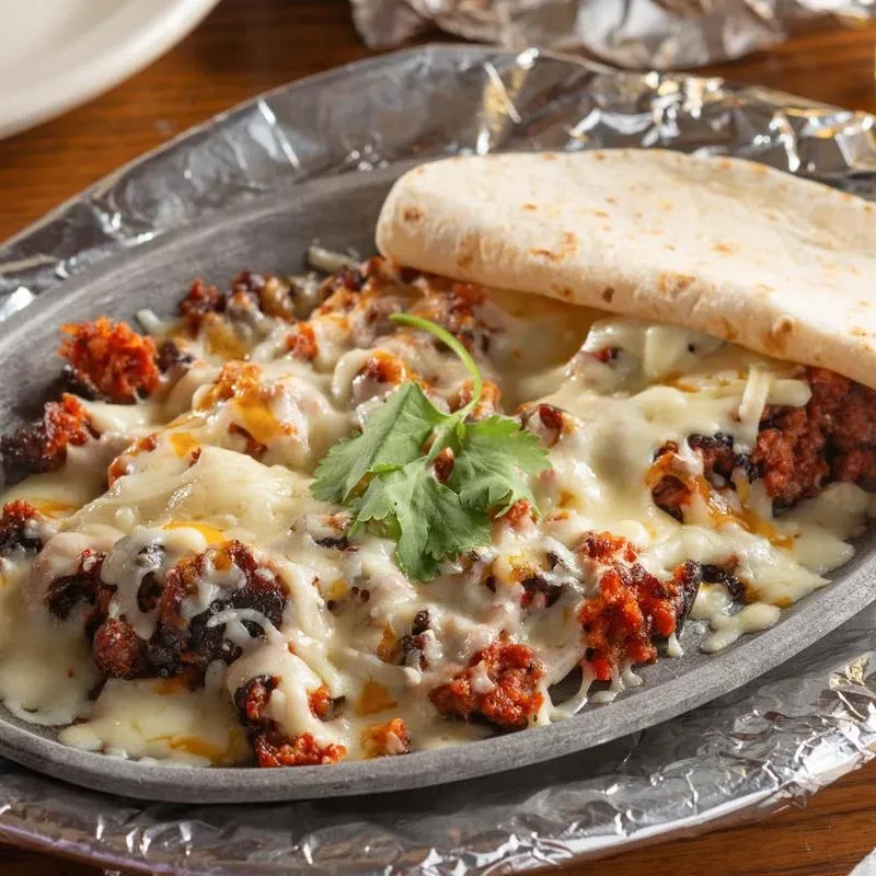 Sizzling skillet of melted cheese and chorizo with tortilla and cilantro.