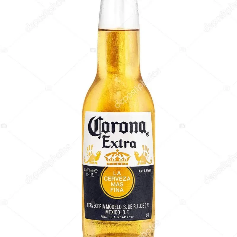 Clear product shot of a Corona Extra beer bottle, white background.