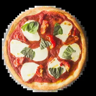 Freshly baked round pizza with tomato, mozzarella, and basil.