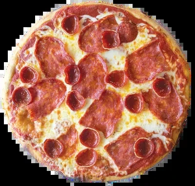Full, circular pizza topped with melted cheese, pepperoni, and salami.
