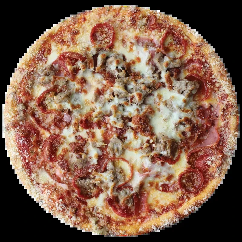 Circular meat lover's pizza with pepperoni, sausage, cheese, top-down view.