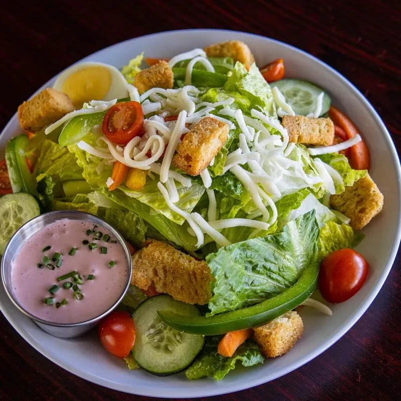 Fresh green salad with cheese, tomatoes, croutons, egg, and dressing.