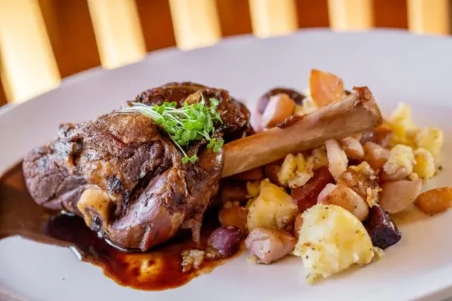 Plated meat shank with bone, dark gravy, sprouts, and roasted vegetables.